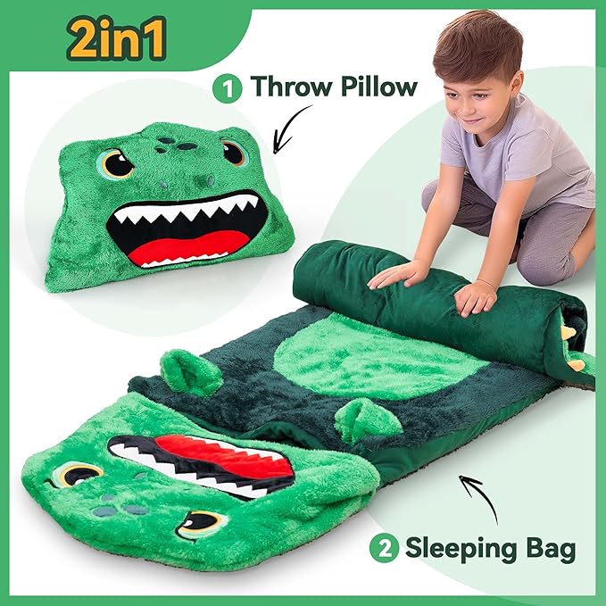 iPlay, iLearn Kids Dinosaur Sleeping Bag, Toddler Boys Dinos Nap Mat, Plush Animal Slumber Bag, 2 In 1 Daycare Preschool Kindergarten Birthday Gift Travel Sleepover for 3 4 5 6 7 8 10 12 Yr Child Teen