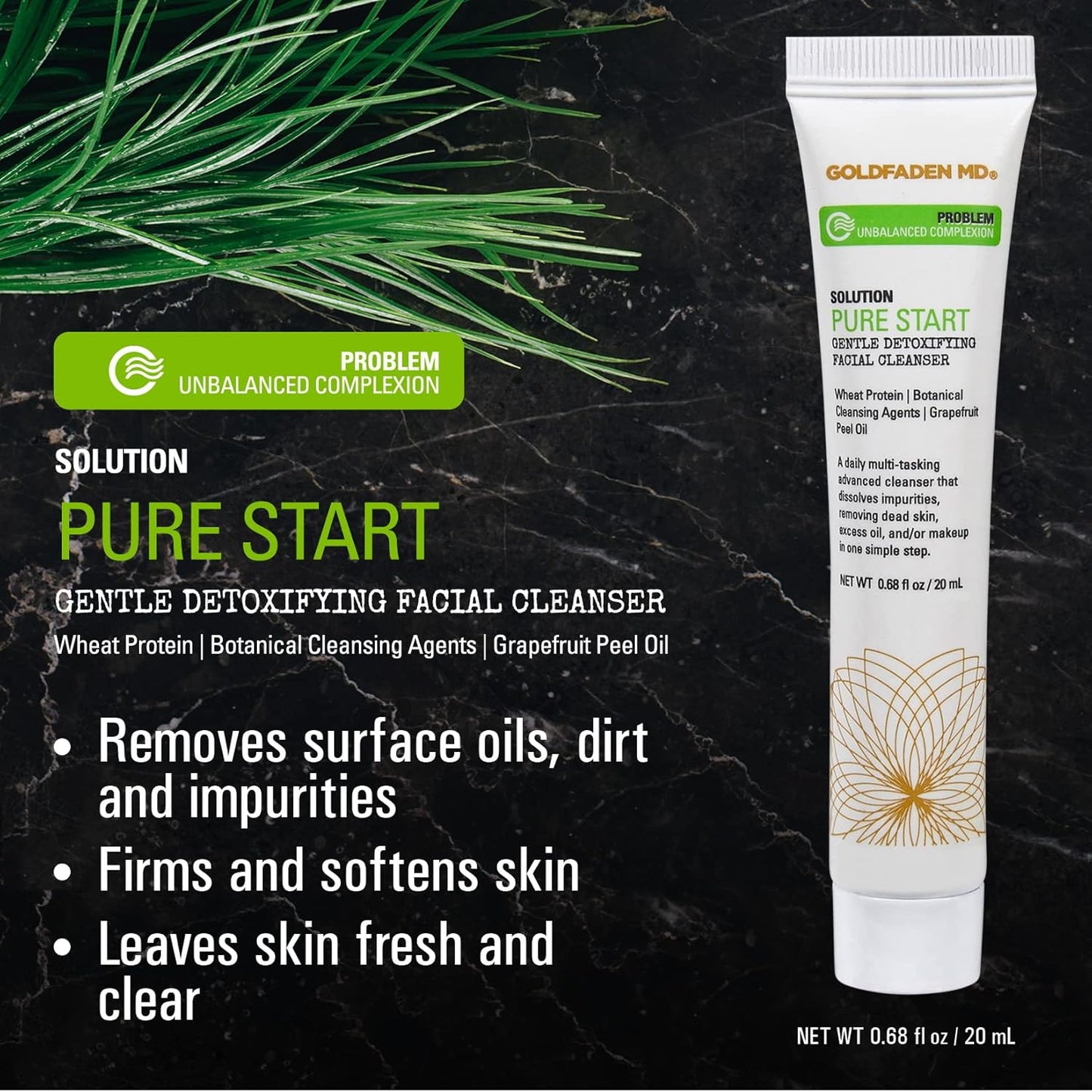 GOLDFADEN MD Pure Start Gentle Detoxifying Natural Facial Cleanser Grapefruit Peel Oil, Organic Red Tea Extract, Seaweed Extract, Rose Hip Seed Oil TRIAL .67 Fl Oz