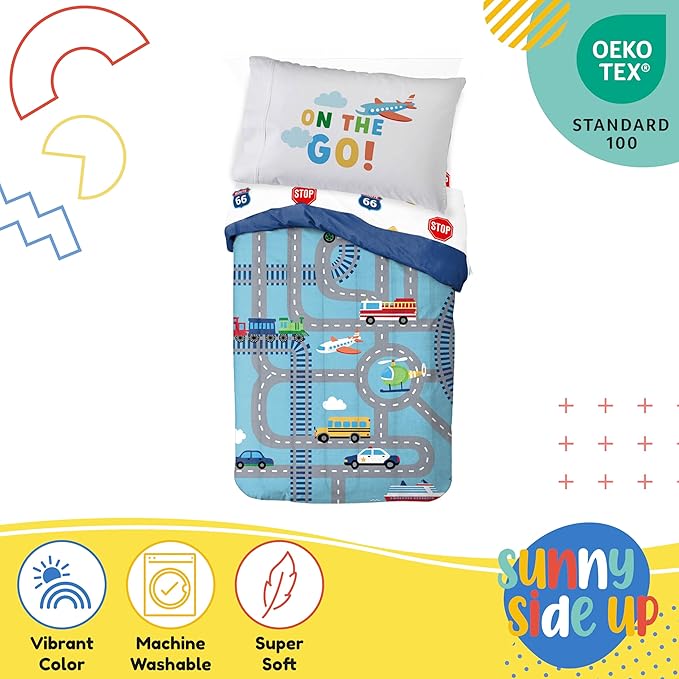 Sunny Side Up On The Go Toddler Comforter Set - 4 Piece Preschool Bedding Includes Comforter, Sheets & Pillow Cover - Super Soft Vehicles Microfiber Bed Set