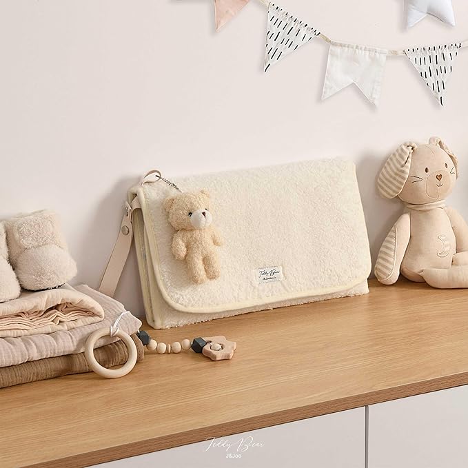 J&Joo Portable Diaper Changing Pad - Ultra Soft, Extra Padded, Waterproof Baby Changer Travel Essential, EZ Access Mesh Pockets, Gift for Baby Shower, Newborn Girls and Boys, 0-12 Months