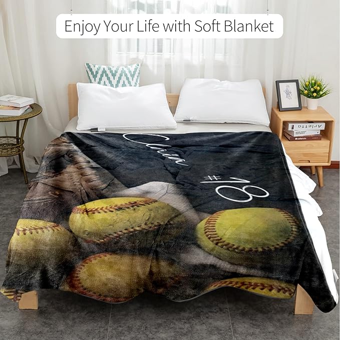 Personalized Baby Softball Bed Blanket: Custom Name and Number Sport Blankets for Toddler Boys Girls Adults Birthday Mothers Fathers Easter (60x80inch)