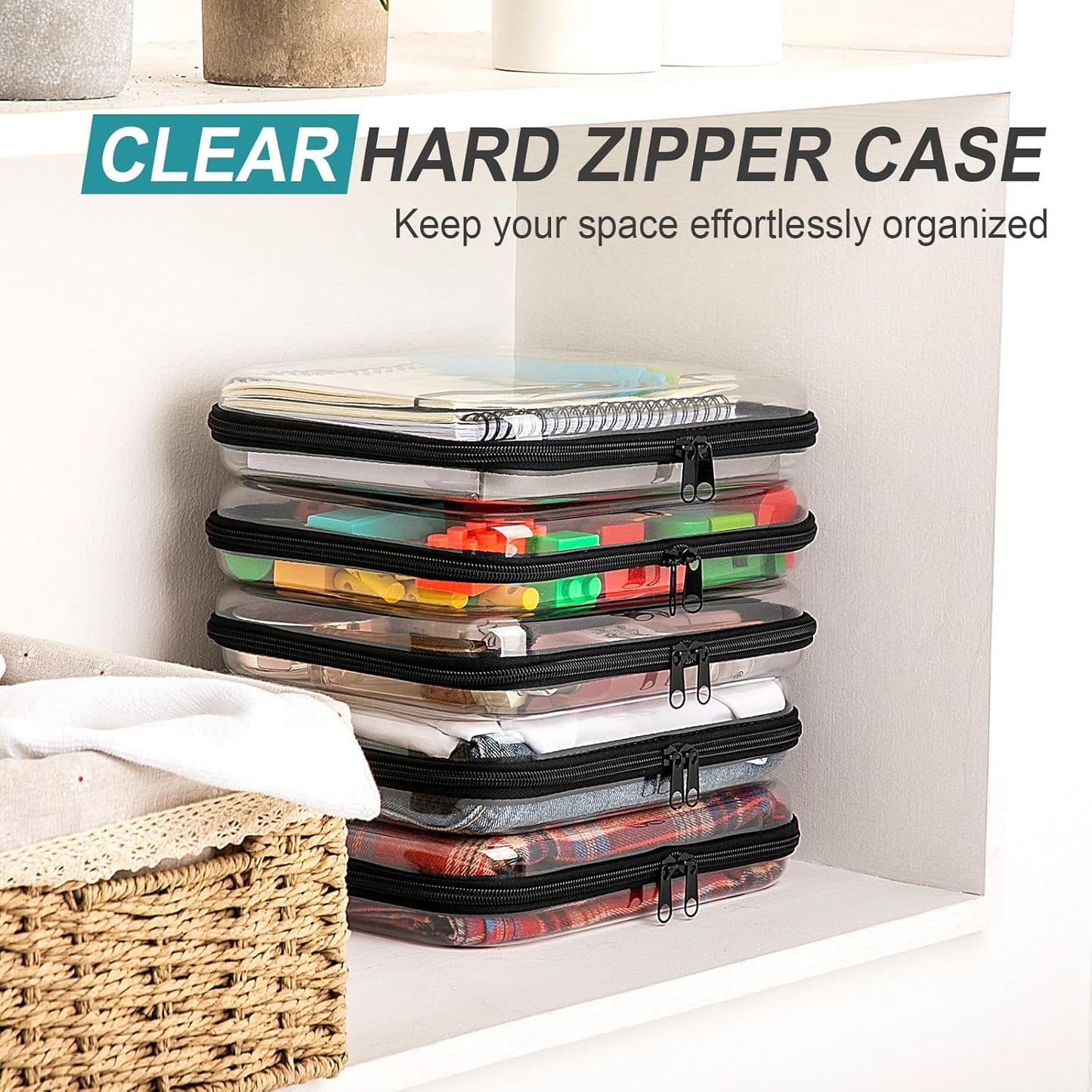 Sanwuta 6 Pcs Clear Hard Zipper Case Pencil Pouches Hard Plastic Zipper Pouches Makeup Bag Transparent Cases for Snacks Plastic Storage Organizer Box for Travel(Black,9.84 x 7.87 x 2 Inch)