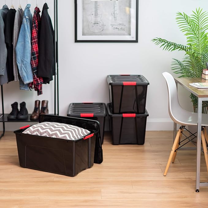 IRIS USA 72 QT Plastic Storage Box with Lid and Latches - 4 Pack - BPA-Free, Garage Organizing Solution, Durable Nestable Stackable Containers, Secure Pull Handle - Black