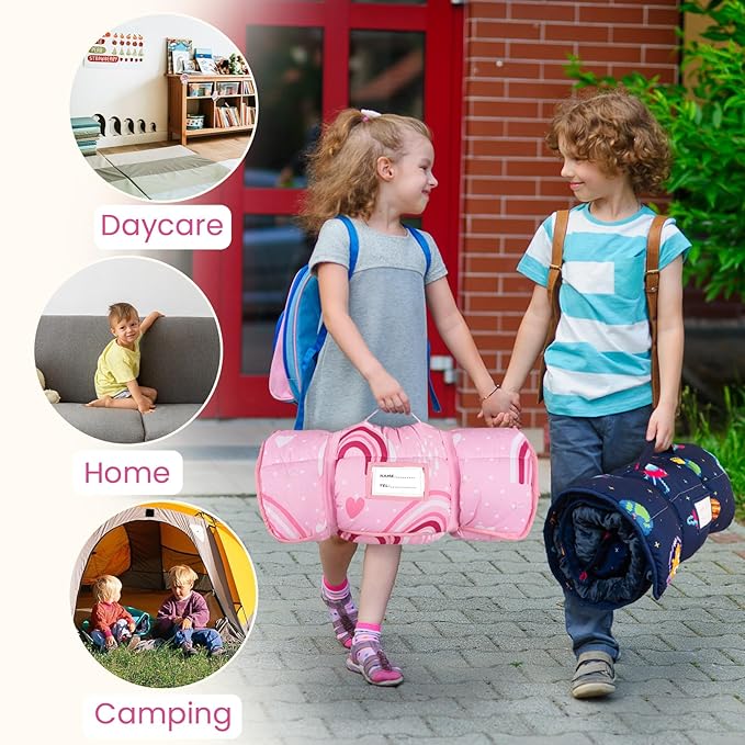 Toddler Nap Mat with Pillow and Minky Blanket, Large 55"x35" Sleeping Bag, Washable, Lightweight, Easy to Roll, Perfect for Preschool, Daycare, Kindergarten, Travel, Boys and Girls(Rainbow)