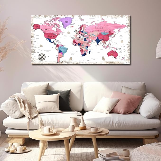 ZHAOSHOP Large World Map Canvas Wall-Art - Wall Decor For Girls Bedroom - Pink pictures Wall Decor Ready To Hang Size 59" x 29"