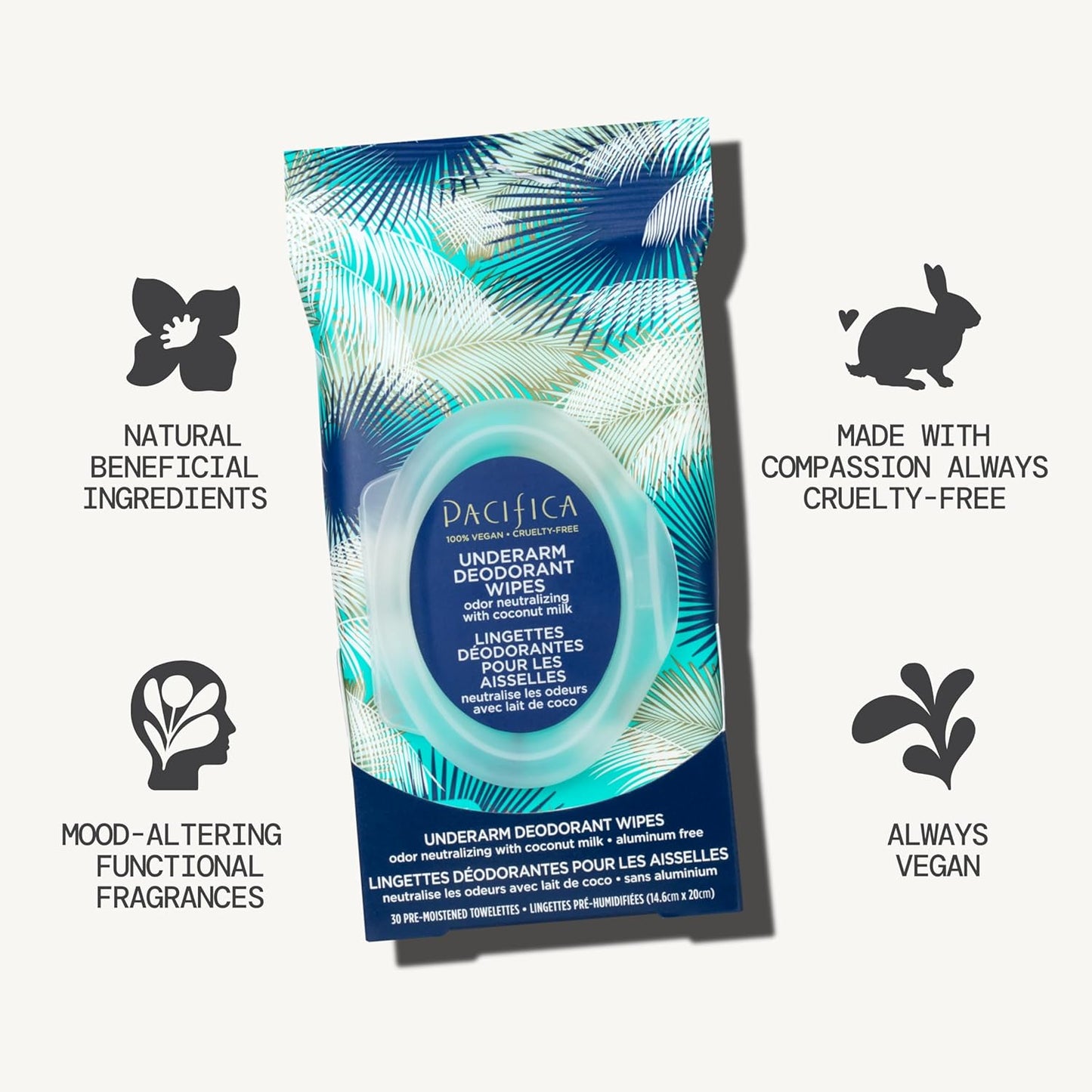 Pacifica Beauty Coconut Milk & Essential Oils Underarm Deodorant Wipes, Helps Remove Odor, Aluminum-Free, Vegan & Cruelty-Free, 30 Wipes (4-Pack)