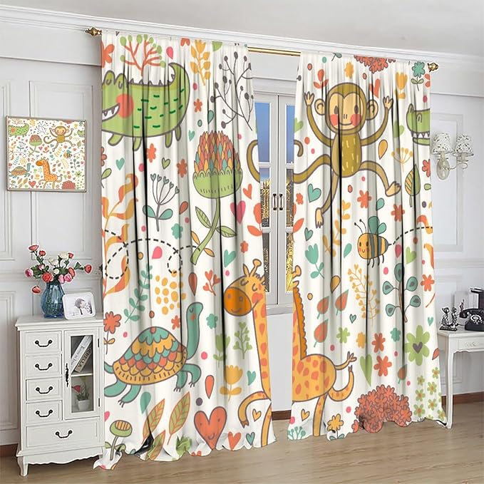 Cute Monkeys Curtains, Zoo Theme Cartoon Funny Animals Crocodile Giraffe Turtle with Flowers Print Thermal Insulation Window Drapes for Kids Boys Girls Baby Bedroom Living Room 52x84in