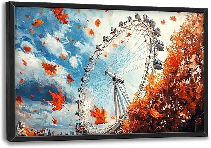 Olivine Large Fall Wall Art, London Eye Pictures Wall Decor, Fall London Painting, Autumn Canvas Prints, Framed Artwork for Bathroom Bedroom Living Room Office Home Decoration 36"x24"
