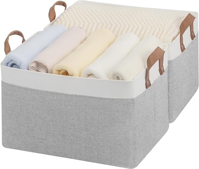 StorageWorks Storage Bins, Fabric Storage Bins for Shelves, Large Storage Baskets with Metal Frame, Closet Baskets and Bins with Handles, Gray and White, 2-Pack