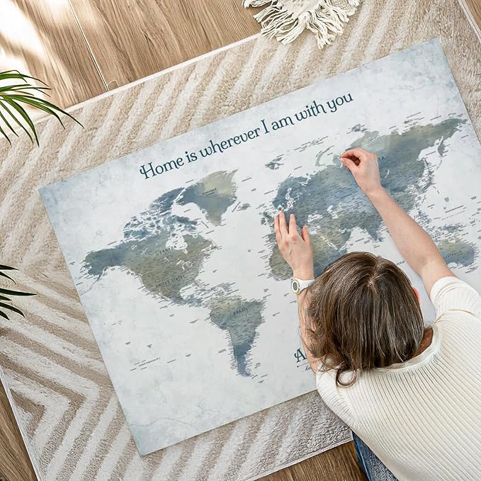 ElephantStock - Home With You II Push Pin World Map Wall Art - Horizontal Canvas Wall Art - Living Room Wall Decor - Digital Art Map Canvas Art - Blue And Gray Decor - 45" x 30"