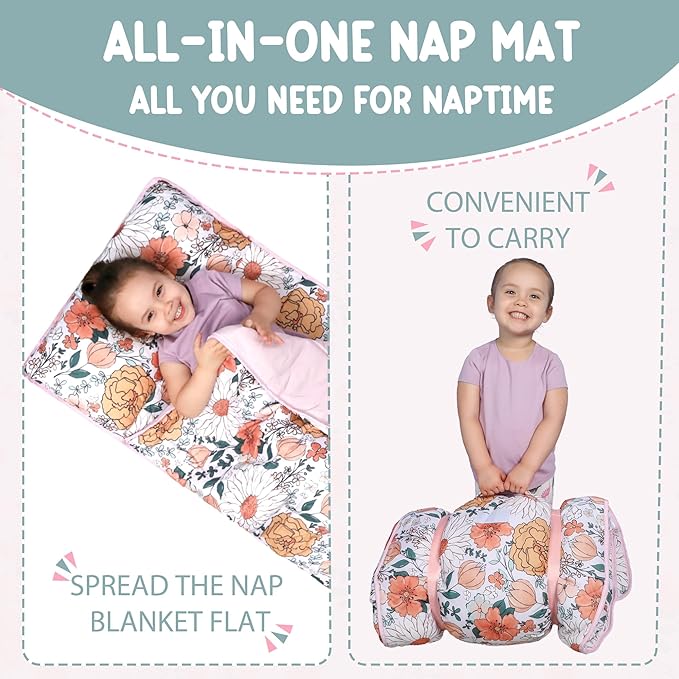Morxy Toddler Nap Mat with Pillow & Blanket Large Portable Roll Up Nap Mats with Name Tag- Thick Kids Sleep Mat for Daycare, Preschool Travel and Camping for Age 3 and up
