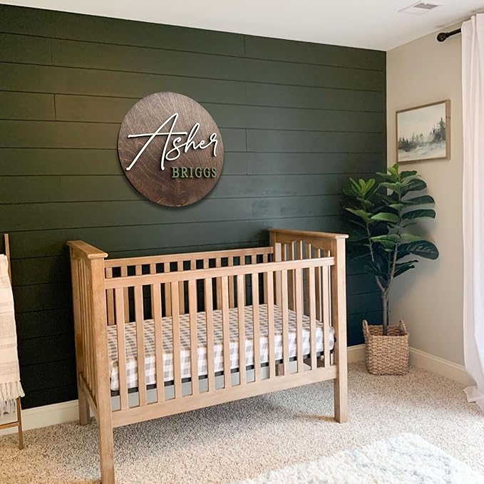 Custom Round Nusery Name Sign, Personalized 3D Baby Name Announcement Sign, Personalized Wooden Wall Plaque, 3D Wall Art for Children & Kids Rooms, Family Name Signs, 30 Colors (Design 5)
