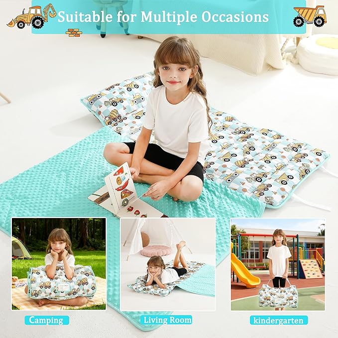 Toddler Nap Mat for Preschool 50''x30'' Sleeping Mat with Removable Pillow and Minky Blanket for Kids Ages 3-7 Roll Up Soft Sleeping Bag for Boys Girls Kindergarten Daycare Sleepover