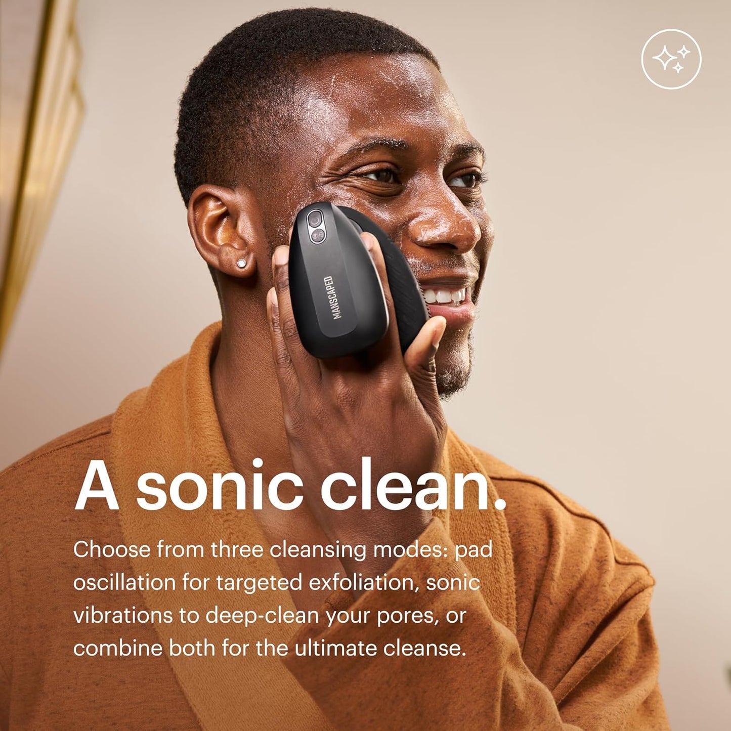 MANSCAPED® The Face Buffer PRO - Men's Electric Silicone Face Scrubber for Nourishing, Deep Cleaning & Exfoliating Your Skin, 3 Facial Cleansing Modes & 2 Sonic Vibration Speeds, Travel Lock