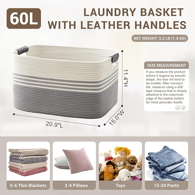 60L Large Laundry Basket with Leather Handles for Living Room Storage, Woven Rope Baskets Bin for Blanket, Kids Toy, Gifts, Wicker Hamper for Bedroom Dirty Clothes, 21"x15"x11" White Grey