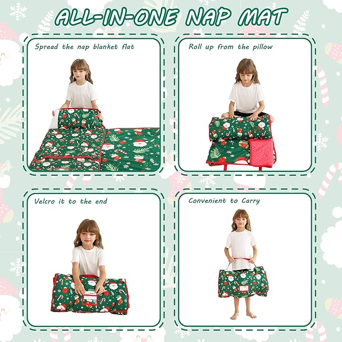 Toddler Nap Mat with Pillow and Blanket, Extra Large Rolled Napping Mats,Slumber Bags for Boys Girls,Kids Sleeping Bag for Daycare, Preschool Travel Camping