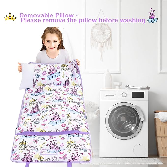 Viviland Toddler Nap Mat, Rolled Sleeping Mats with Pillow and Minky Dot Blanket for Girls, Kids Slumber Bag Nap Mat for Preschool, Daycare, Kindergarten, Travel Camping - Princess Fantasy
