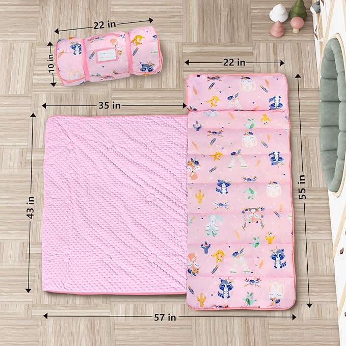 Primlect Thickened Toddler Nap Mat with Removable Pillow and Minky Blanket, Extra Large 55''x35'' Sleeping Bag, Washable, Roll up, Perfect for Daycare, Preschool, Kindergarten, Boys and Girls Pink Fox