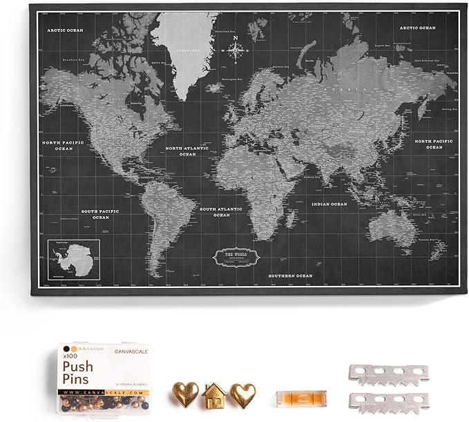 Canvas World Map with Cork Pin Board - English Lettering - Decorative Wall Decoration for All Rooms - Canvas Pictures with World Map Motif (120x80 cm, Pattern 7)