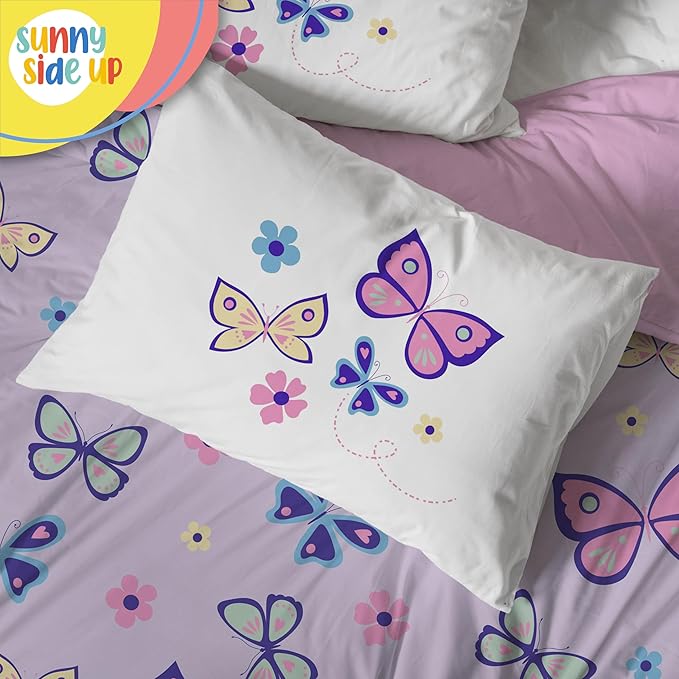 Sunny Side Up Butterfly Toddler Comforter Set - 4 Piece Toddler Bedding Includes Comforter, Sheets & Pillow Cover – Super Soft Purple Floral Microfiber Bed Set