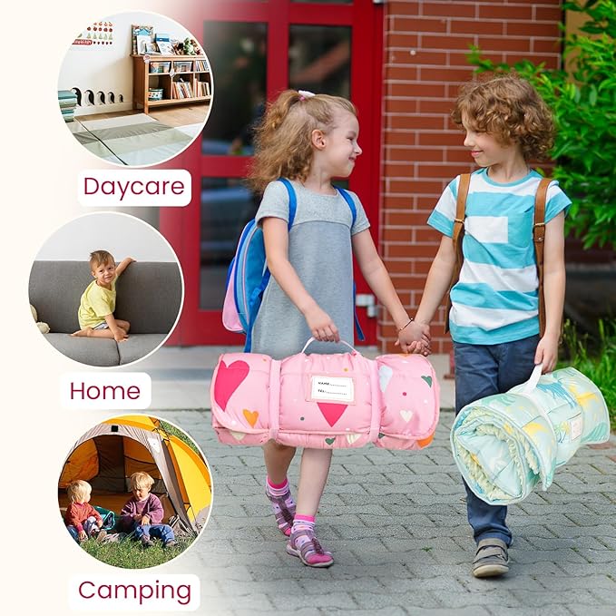 Toddler Nap Mat with Pillow and Minky Blanket, Large 55"x35" Sleeping Bag, Washable, Lightweight, Easy to Roll, Perfect for Preschool, Daycare, Kindergarten, Travel, Boys and Girls(Hearts)