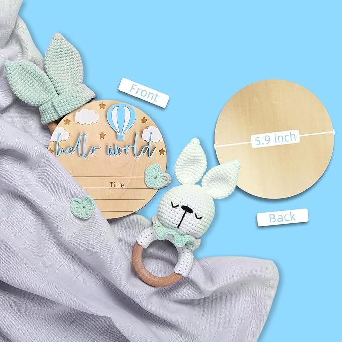 Hello World Newborn Sign - 5.9” Round Wooden Baby Announcement Sign with 3D Hot Air Balloon, Clouds & Stars - Keepsake Birth Gift for Baby Boy’s First Day, Hospital, Shower, or Nursery Décor (Blue)