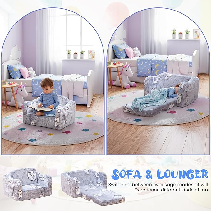 Lamerge 2-in-1 Toddler Couch,Glow in The Dark Baby Floor Bed,Foldable Toddler Chair Kids Sofa for playroom,Convertible Sofa to Lounger for Girls and Boys (Grey and Football)