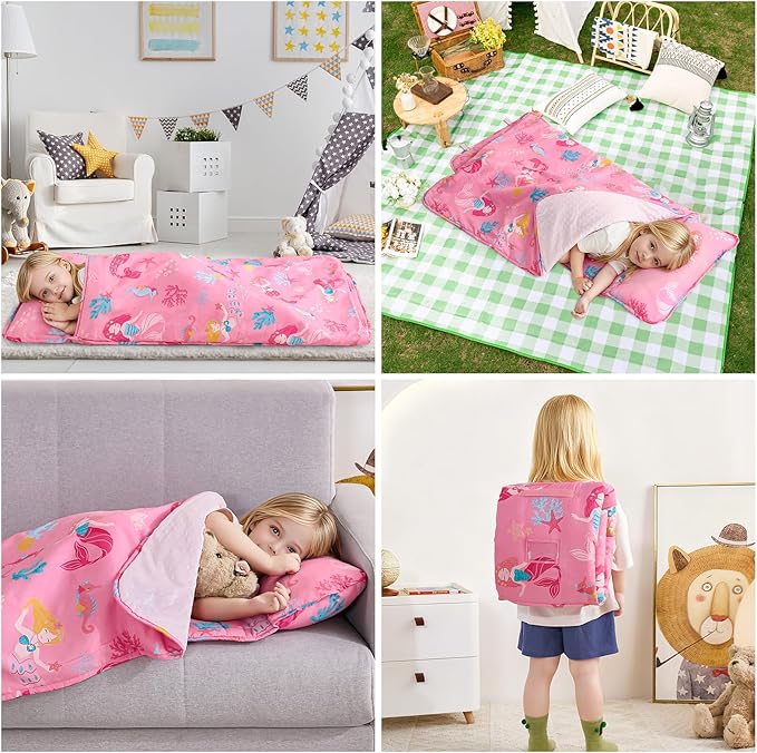 DJY Toddler Nap Mat,Kid Slumber Bag with Removable Pillow & Minky Blanket,Soft Sleeping Mat Perfect for Daycare,Preschool,Kindergarten,Travel
