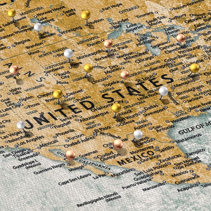 ElephantStock - A Thousand Miles World Push Pin Map Wall Art - Horizontal Canvas Wall Art - Living Room Wall Decor - Printmaking Map Canvas Art - Blue And Brown Decor - 36" x 24"