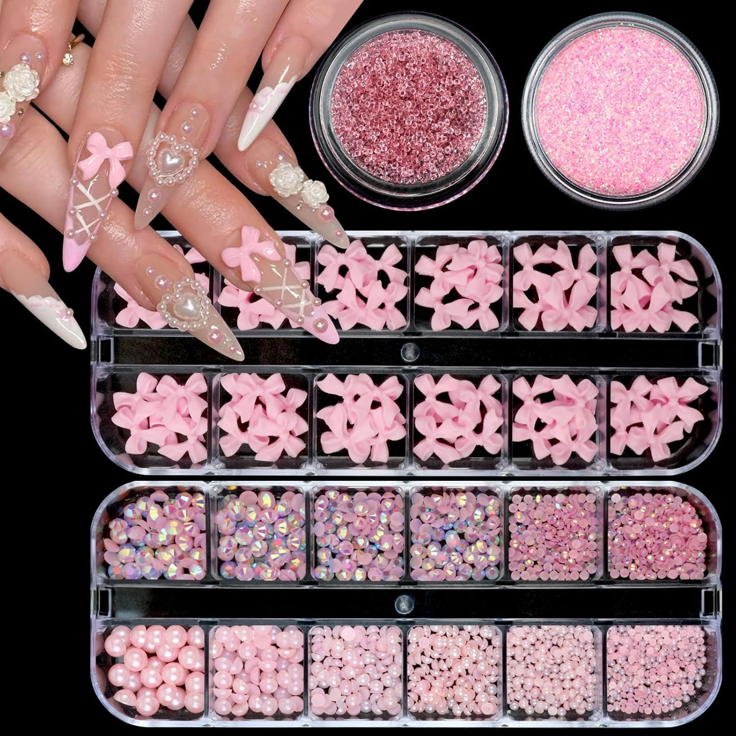 Nail Art Rhinestones Pink Bows Nail Charms Resin Clear Jelly Rhinestones Pearls Glitter Supplies Crystal Gems Mimi Diamond Accessories for Women Manicure Decorations Design