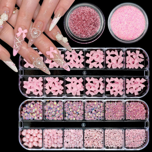 Nail Art Rhinestones Pink Bows Nail Charms Resin Clear Jelly Rhinestones Pearls Glitter Supplies Crystal Gems Mimi Diamond Accessories for Women Manicure Decorations Design