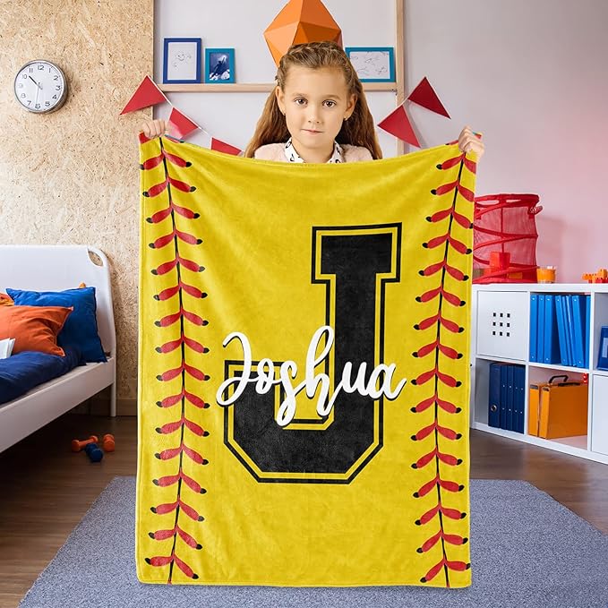 Personalized Softball Kids Blanket with Name and Number - Custom Sport Bed Blankets Gift for 0-3 Months Baby Essential and Warm 40x50inch