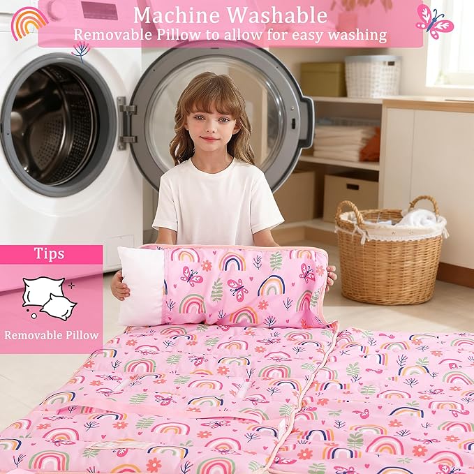 Toddler Nap Mat for Preschool 50''x30'' Sleeping Mat with Removable Pillow and Minky Blanket for Kids Ages 3-7 Roll Up Soft Sleeping Bag for Boys Girls Kindergarten Daycare Sleepover