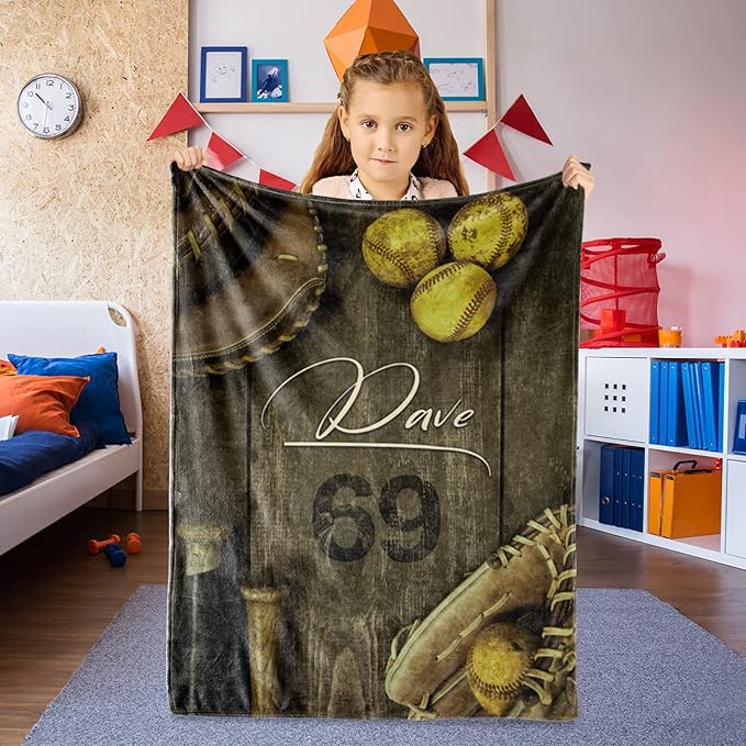 Personalized Baby Softball Bed Blanket: Custom Name and Number Sport Blankets for Toddler Boys Girls Adults Mothers Fathers Birthday Christmas Easter Gift(50x60inch)