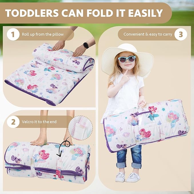 Toddler Nap Mat with Detachable Pillow & Blanket - Soft Plush Minky Fleece Kids Sleeping Bag for Daycare, Preschool & Travel - Portable Roll-Up Design with Carry Handle - Boys Girls Ages 3+