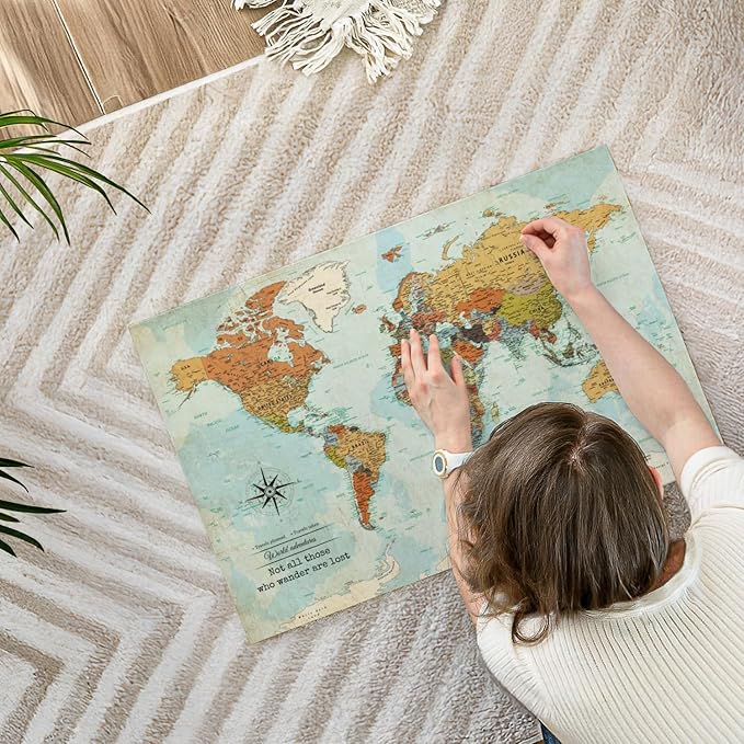 ElephantStock - Personalized Wanderer Push Pin World Map Wall Art - Horizontal Canvas Wall Art - Living Room Wall Decor - Digital Art Map Canvas Art - Orange And Blue Decor - 30" x 20"