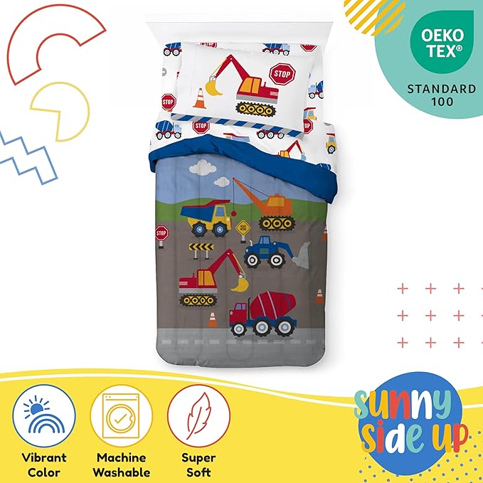 Sunny Side Up Construction Zone Twin Comforter Set - 5 Piece Kids Bedding Includes Comforter, Sheets & Pillow Cover - Super Soft Vehicles Microfiber Bed Set