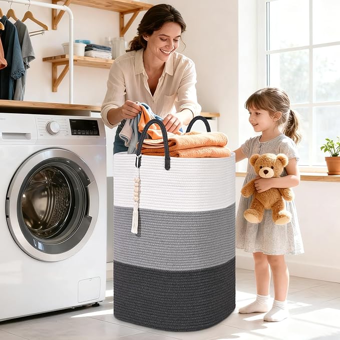 Woven Laundry Basket for Clothes,100 L Large Rectangle Laundry Hampers with Beads Tassel, Nursery Storage Basket for Toys, Tall Dirty Clothes Hamper for Bedroom Aesthetic, Laundry Room Organization