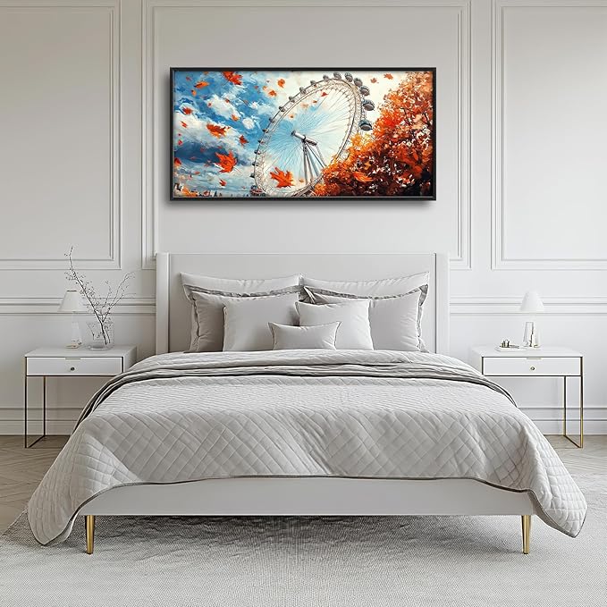 Olivine Large Fall Wall Art, London Eye Pictures Wall Decor, Fall London Painting, Autumn Canvas Prints, Framed Artwork for Bathroom Bedroom Living Room Office Home Decoration 60"x30"