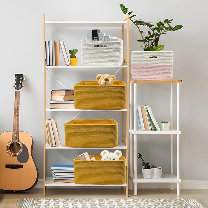 COMFY-HOMI 3 pcs Large Storage Baskets for Shelves, Laundry Basket, Woven Rope Basket, Closet Organizer Bins for Clothes Blanket Towels, Baby Nursery, Gift Toy Baskets, 17” x 13” x 7.5”-Yellow