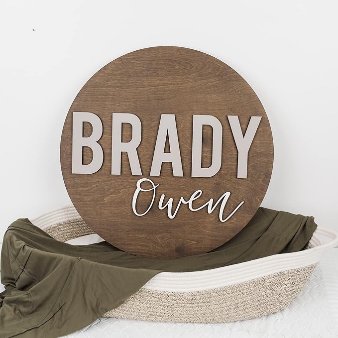 Custom Round Nursery Name Sign, Personalized Wooden Wall Plaque, 12" 18" 24", 30" 3D Wall Art for Children & Kids Rooms, Baby Shower, Hickory Hollow Designs (Brady Owen)