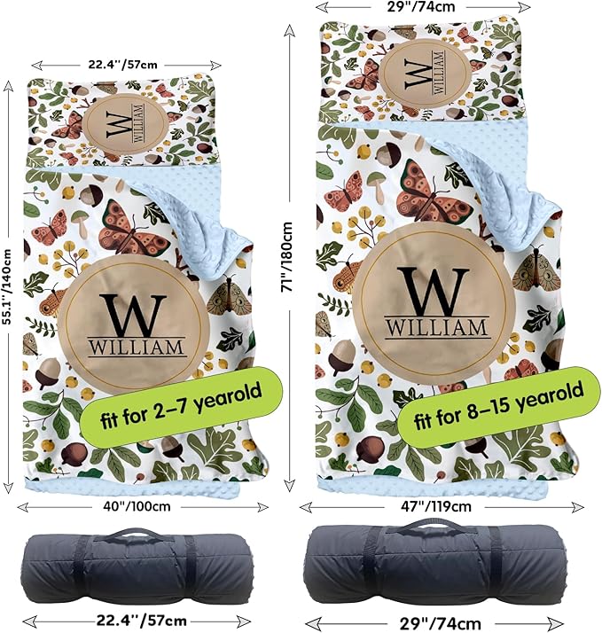 Personalized Toddler Nap Mats for Preschool, Custom Name Kids Sleeping Bag for Daycare, Roll Up Sleeping Mat with Removable Pillow and Soft Dot Minky Blanke for Boys Camping Travel