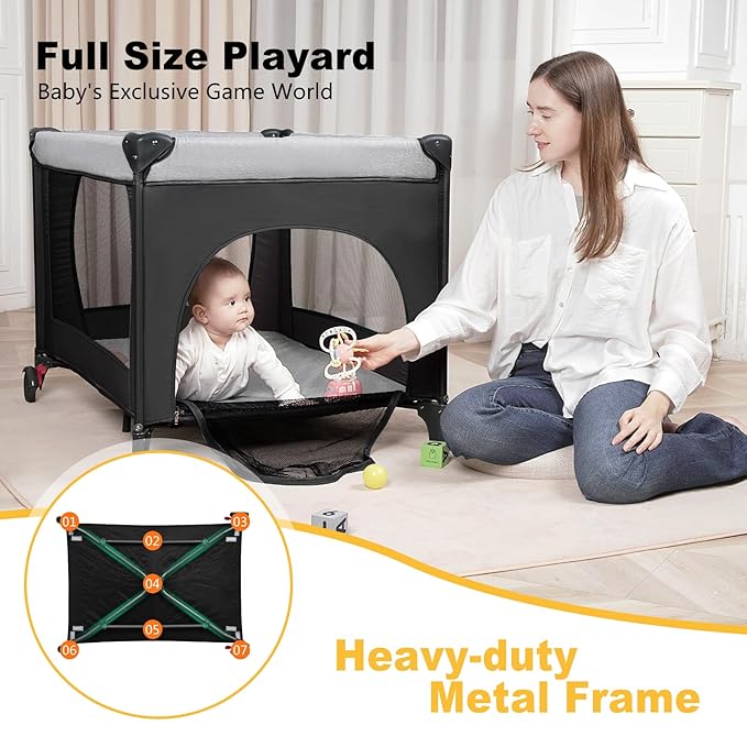 Pack and Play with Changing Table & Carry Bag, 4-in-1 Portable Crib Playpen for Newborn to Toddler, ASTM Certified Foldable Travel Crib with Bassinet(A-Black)