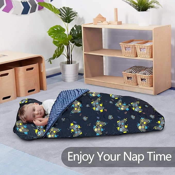 Primlect Thickened Toddler Nap Mat with Removable Pillow and Minky Blanket, Extra Large 55''x35'' Sleeping Bag, Washable, Roll up, Perfect for Daycare, Preschool, Kindergarten, Boys and Girls
