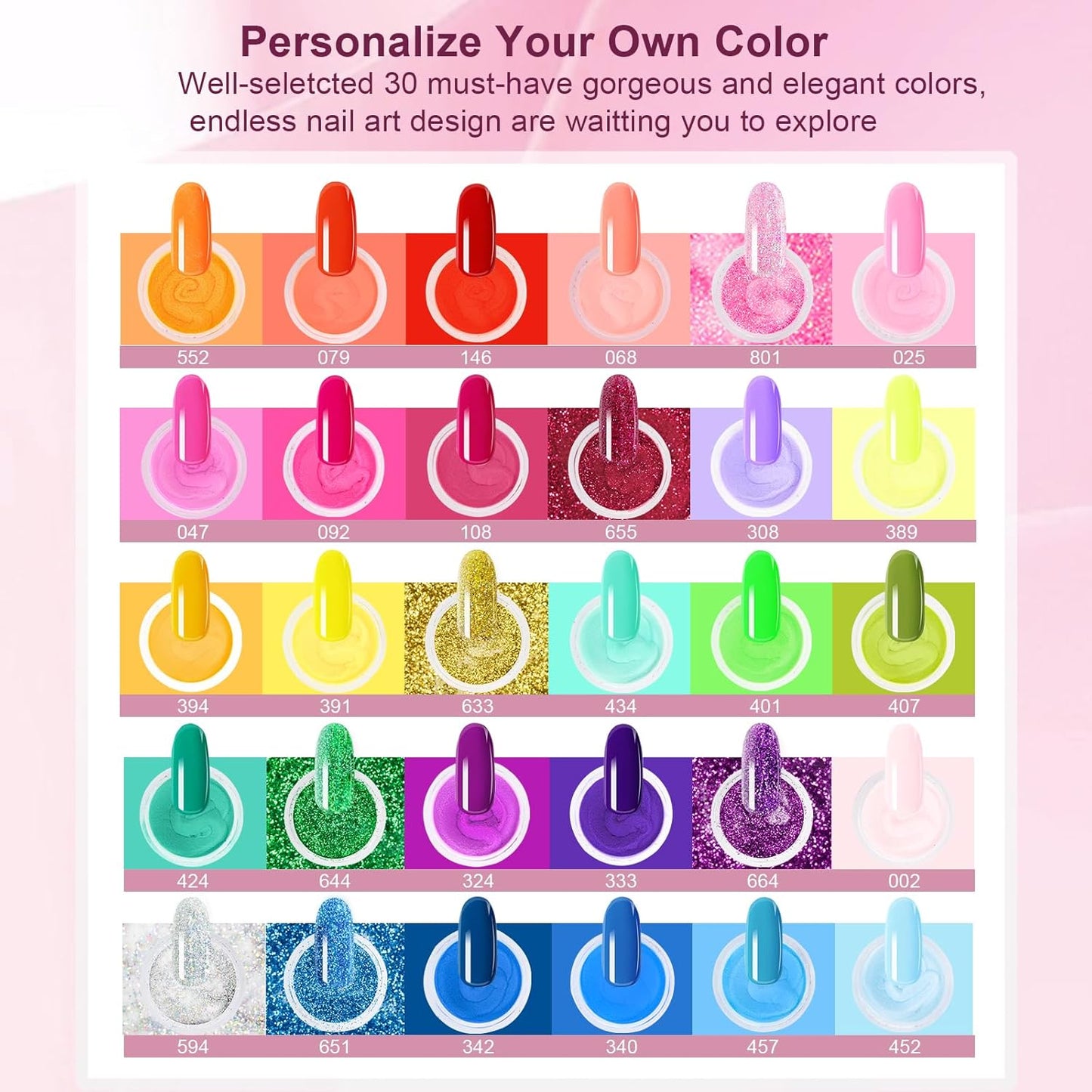 Dip Powder Nail Kit Starter, 30 Colors Dip Nails Bright Hot Pink Glitter, Rainbow Color Acrylic Dipping Powder Liquid Set with Base/Top Coat Activator Brush Saver for Manicure DIY Gift
