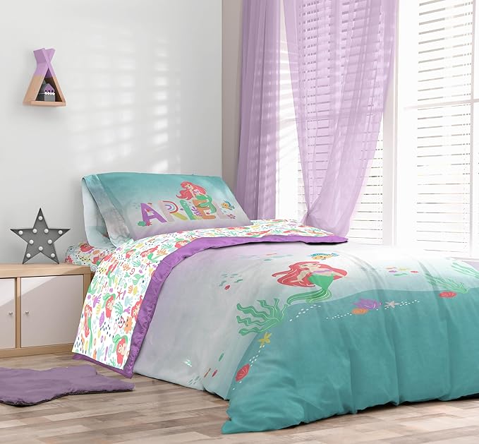 Sunny Side Up Disney The Little Mermaid Full Comforter Set - 7 Piece Kids Bedding Includes Comforter, Sheets & Pillow Cover - Super Soft Ariel Microfiber Bed Set