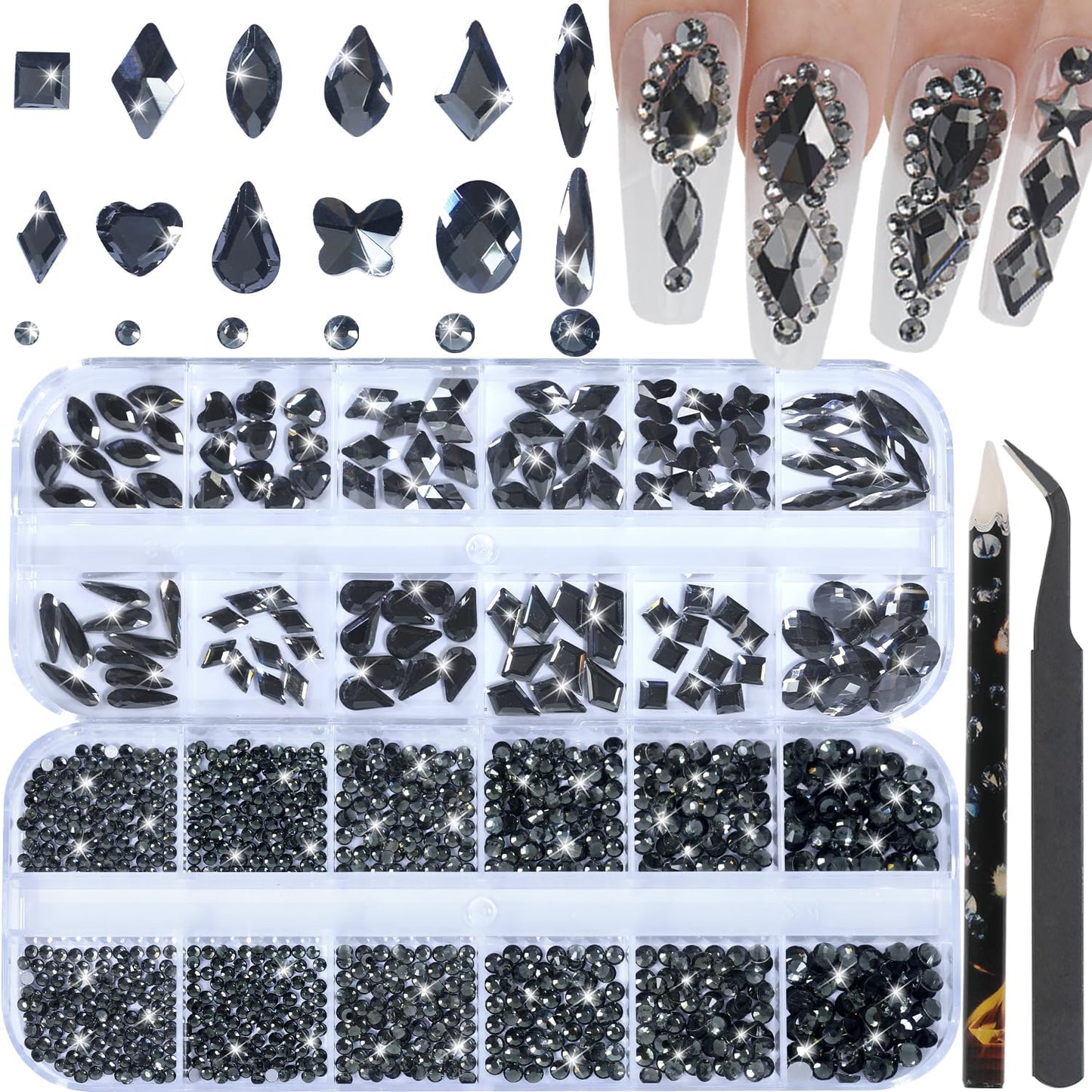 Nail Rhinestones - 3D Multi Shape Size, Flat Back, Crystals Manicure Rhinestones Charms, Transparent Gray Nail Gems, with Kit, for Nail Art, Bedazzling Acrylic Nails, DIY Decor