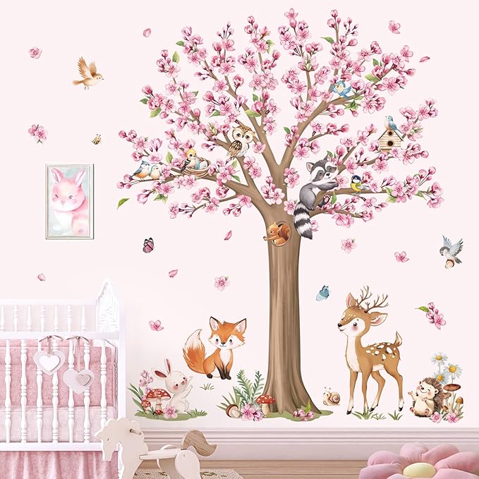 decalmile Woodland Animals Large Flower Tree Wall Decals Cherry Blossom Deer Fox Wall Stickers Baby Nursery Kids Bedroom Living Room Wall Decor