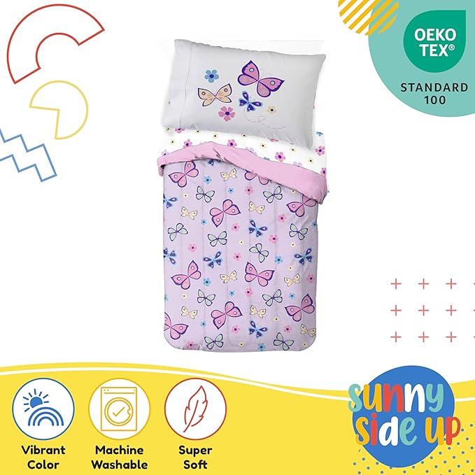 Sunny Side Up Butterfly Toddler Comforter Set - 4 Piece Toddler Bedding Includes Comforter, Sheets & Pillow Cover – Super Soft Purple Floral Microfiber Bed Set