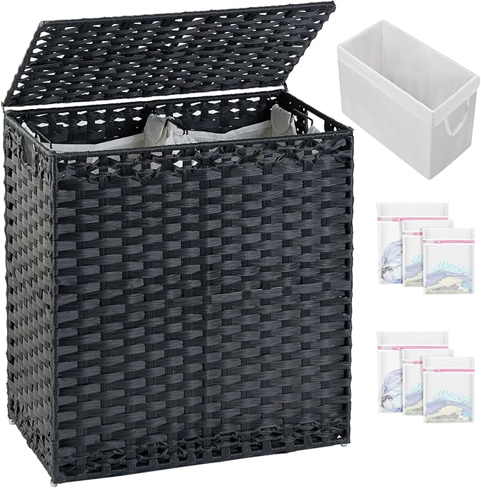 Laundry Hamper with Lid Wicker Laundry Basket 112 L (29.6 Gal) Laundry Hampers Handwoven Rattan Clothes Hamper with Handles 3 Removable Liner Bag, 6 Mesh Bags for Bathroom Bedroom Black